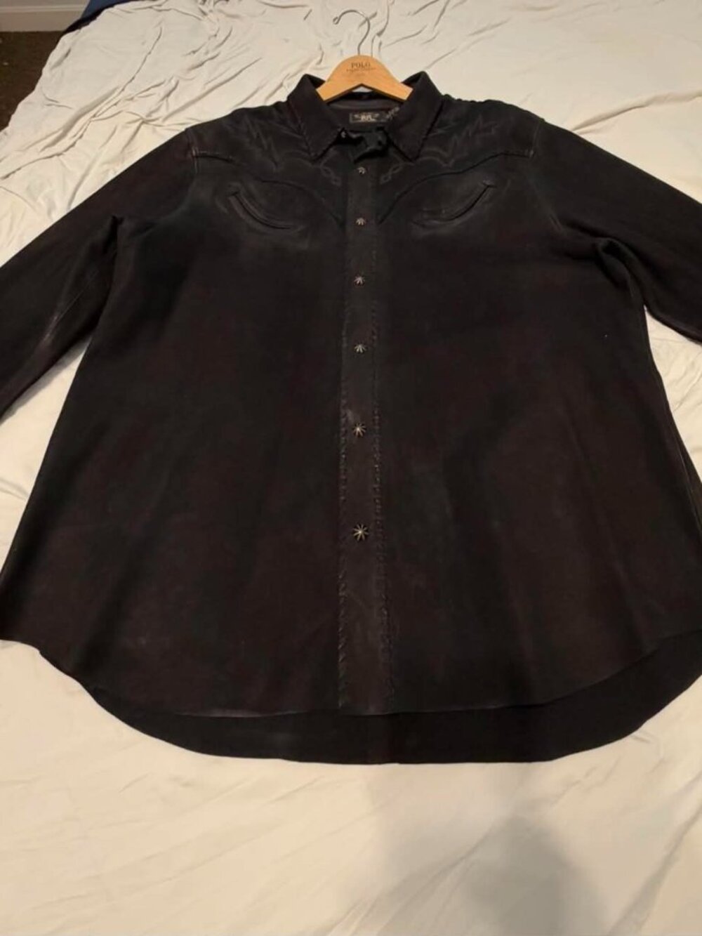 RRL Ralph Lauren Black Sheepskin Western Detail Suede Shirt Jacket Men's 2XL XXL